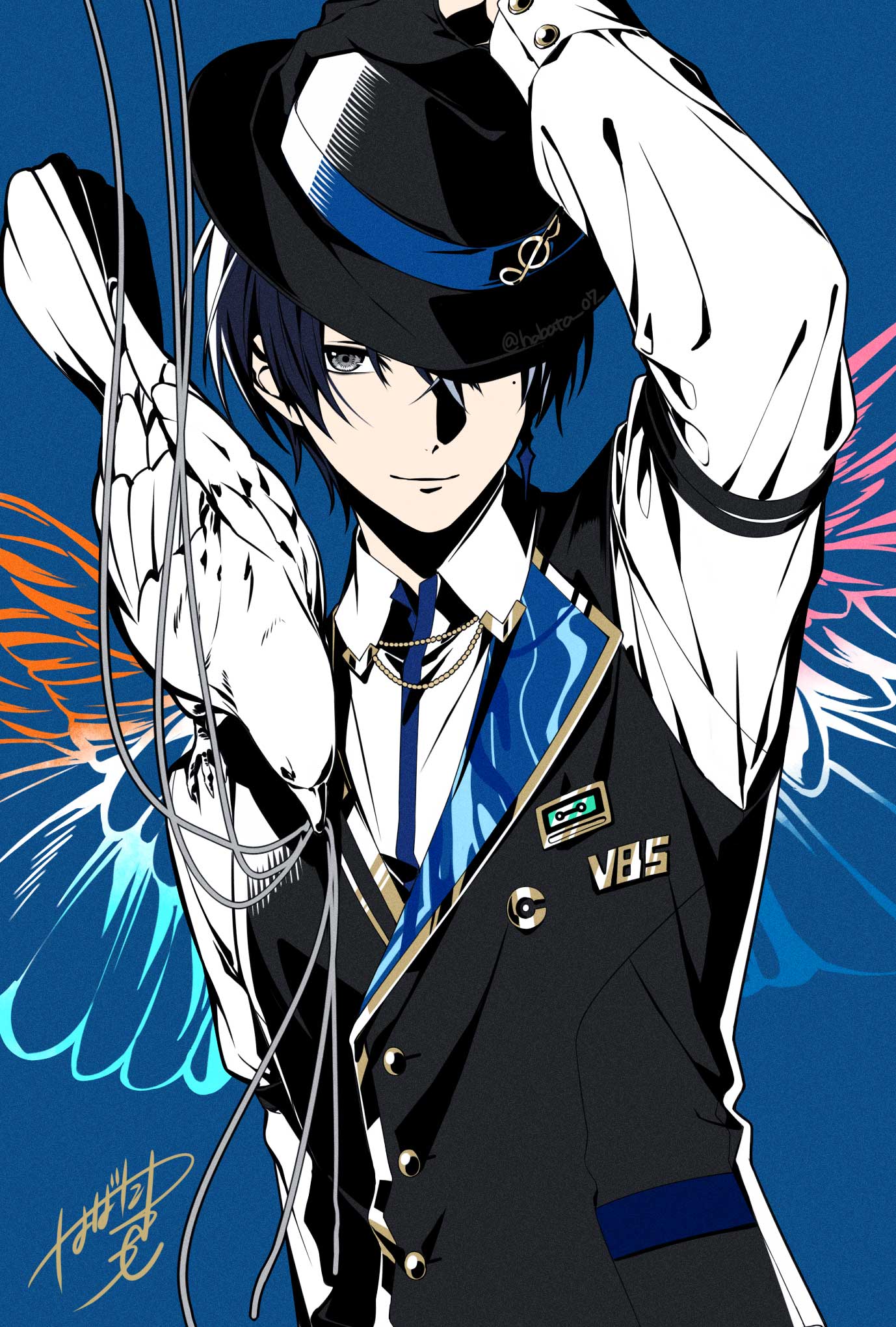 habatatsuki, aoyagi touya, project sekai, commentary request, highres, 1boy, animal, animal on shoulder, arm up, bird, black eyes, black gloves, black hat, black vest, blue background, blue hair, buttons, closed mouth, collar chain (jewelry), collared shirt, gloves, hat, long sleeves, looking at viewer, male focus, mole, mole under eye, official alternate costume, one eye covered, pigeon, shirt, signature, solo, time to take off! (project sekai), treble clef, upper body, vest, white shirt