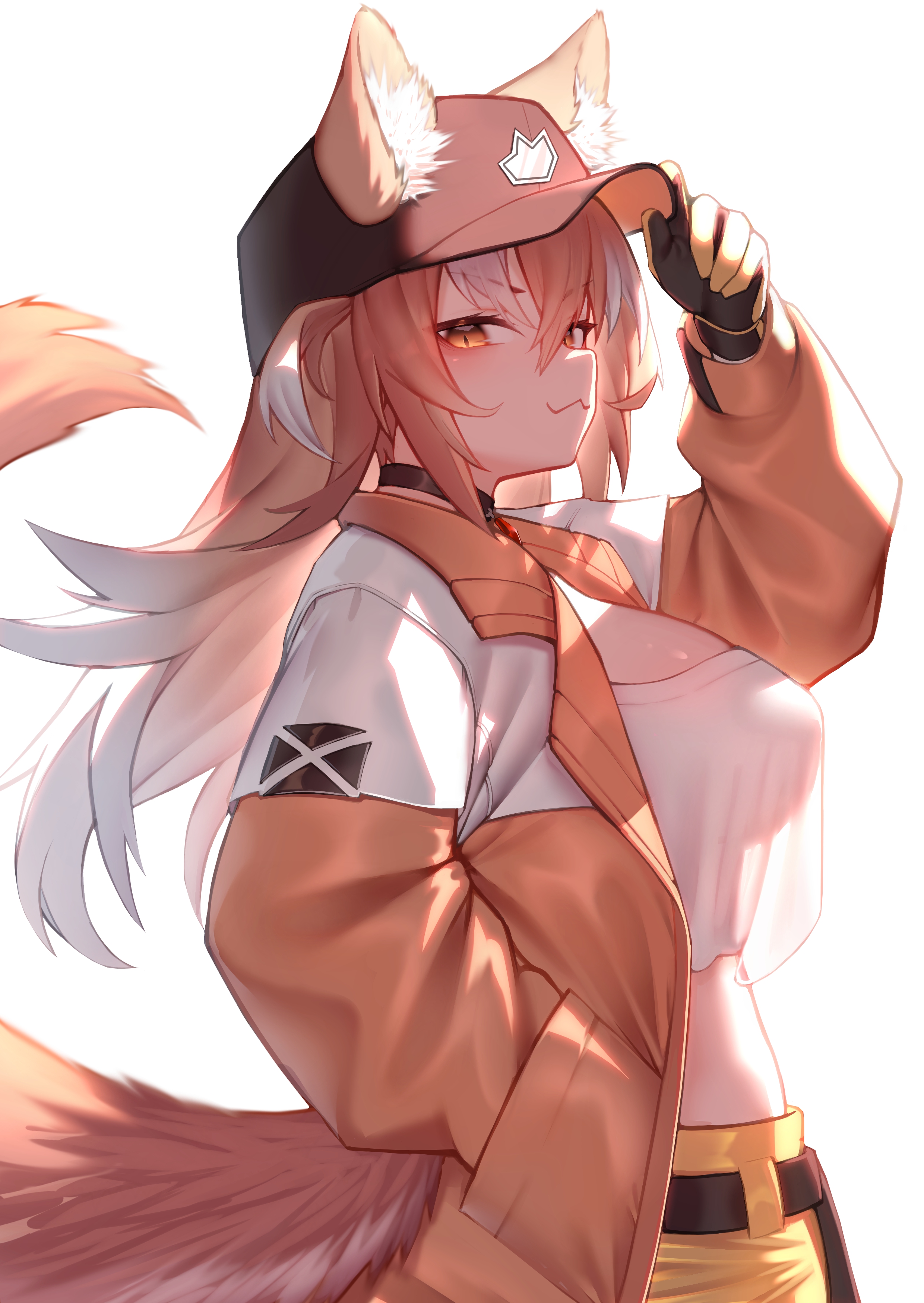 akuma (st.takuma), japanese wolf (kemono friends), kemono friends, absurdres, commentary, highres, 1girl, :3, animal collar, animal ear fluff, animal ears, baseball cap, belt, breasts, brown hair, collar, crop top, crop top overhang, ears through headwear, gloves, gradient hair, hair between eyes, hand in pocket, hand on headwear, hat, jacket, large breasts, long hair, long sleeves, looking at viewer, midriff, multicolored hair, official alternate costume, open clothes, open jacket, pocket, see-through silhouette, simple background, slit pupils, smile, solo, stomach, tail, white background, white hair, wolf ears, wolf girl, wolf tail