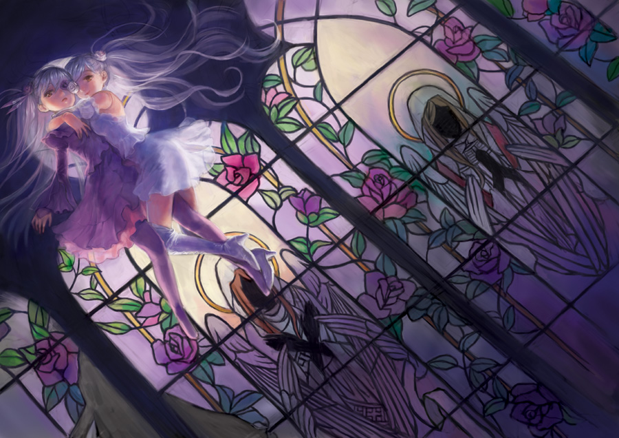 miya (foolish order), barasuishou, kirakishou, rozen maiden, silver hair, 00s, doll joints, eyepatch, joints, long hair, stained glass, thighhighs, yellow eyes
