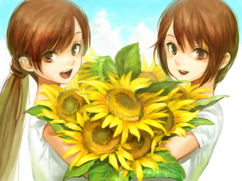 miya (foolish order), souseiseki, suiseiseki, rozen maiden, 00s, 2girls, brown hair, flower, heterochromia, long hair, multiple girls, ponytail, short hair, siblings, sisters, sunflower, twins