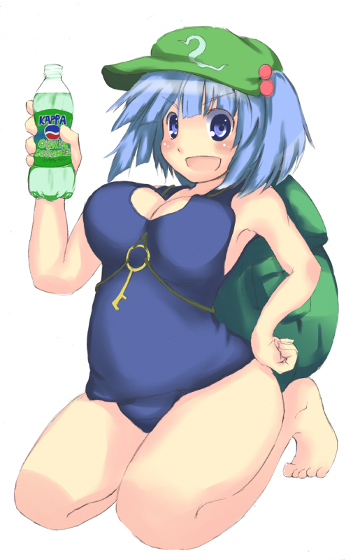 crot (pixiv), kuroto (asgardh), kawashiro nitori, touhou, 1girl, backpack, bag, belly, blue eyes, blue hair, blush, bottle, breasts, cleavage, female focus, hair bobbles, hair ornament, hat, key, large breasts, matching hair/eyes, one-piece swimsuit, ribbon, school swimsuit, seiza, short hair, sitting, solo, swimsuit, two side up