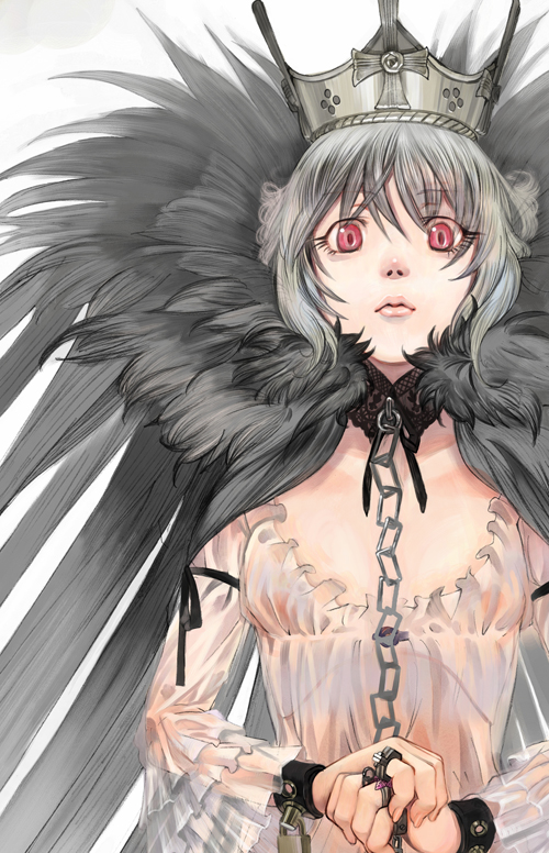 moruga, suigintou, rozen maiden, silver hair, bad id, bad pixiv id, 00s, chain, crown, flat chest, hat, jewelry, red eyes, ribbon, ring, solo