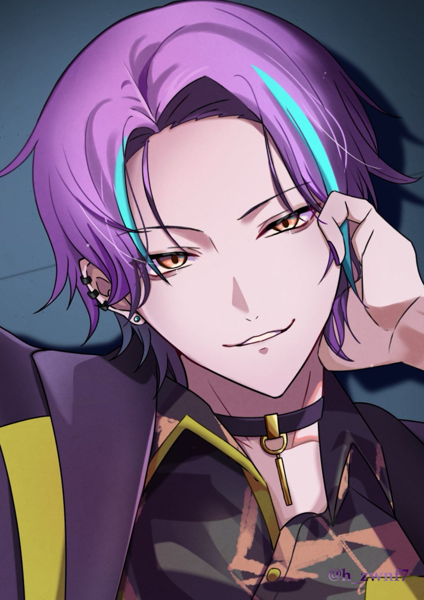 kamishiro rui, project sekai, highres, 1boy, blue hair, choker, collared shirt, deep dark for light (project sekai), ear piercing, earrings, fingernails, hand up, jewelry, looking at viewer, male focus, multicolored hair, nail polish, nia (9h zwnf7), official alternate costume, official alternate hairstyle, parted lips, piercing, purple hair, purple nails, shirt, smile, solo, streaked hair, stud earrings, twitter username, two-tone hair