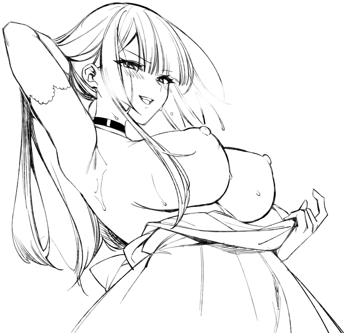 shindou (fuguri), original, commentary request, 1girl, armpit crease, armpits, blush, breasts, breasts out, choker, dress, elbow gloves, gloves, greyscale, grin, hand in own hair, monochrome, nipples, open mouth, puffy nipples, sketch, smile, solo, sweat, teeth, upper teeth only