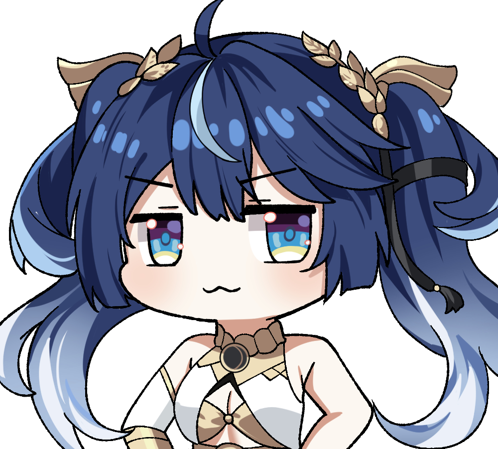 iuno (wuthering waves), wuthering waves, commentary, english commentary, 1girl, :3, ahoge, armlet, bare shoulders, blue eyes, blue hair, breasts, cleavage, closed mouth, gold bra, gradient hair, hair belt, head wreath, jewelry, long hair, looking at viewer, medium breasts, multicolored hair, solo, streaked hair, twintails, upper body