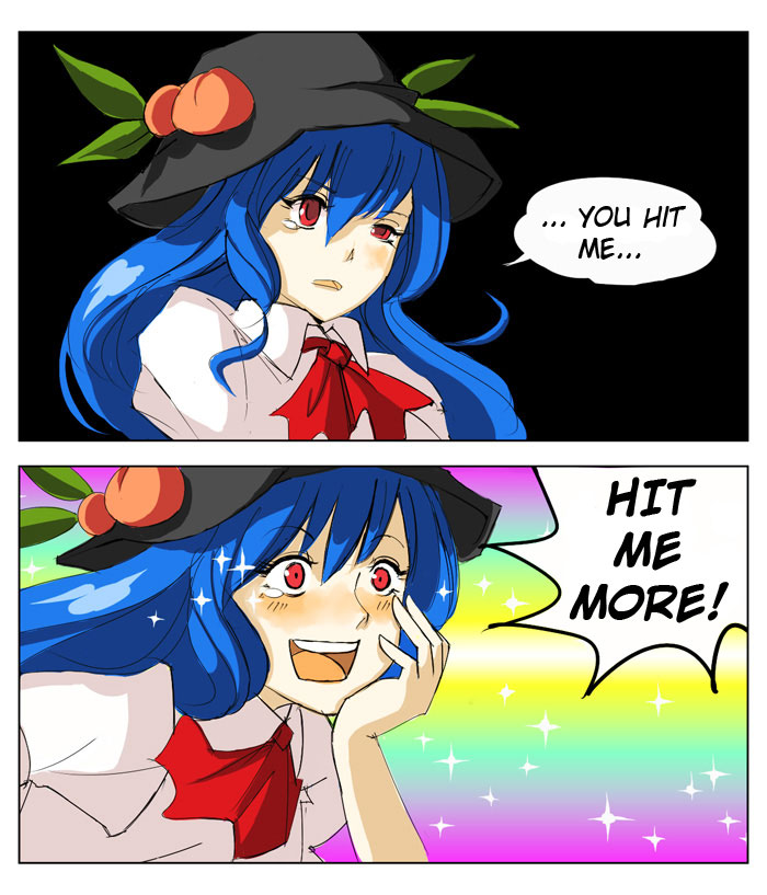 goldregen, hinanawi tenshi, touhou, hard-translated, non-web source, third-party edit, translated, 1girl, 2koma, blue hair, blush, comic, female focus, food, fruit, hat, long hair, masochism, peach, red eyes, smile, sparkle, tears, wince