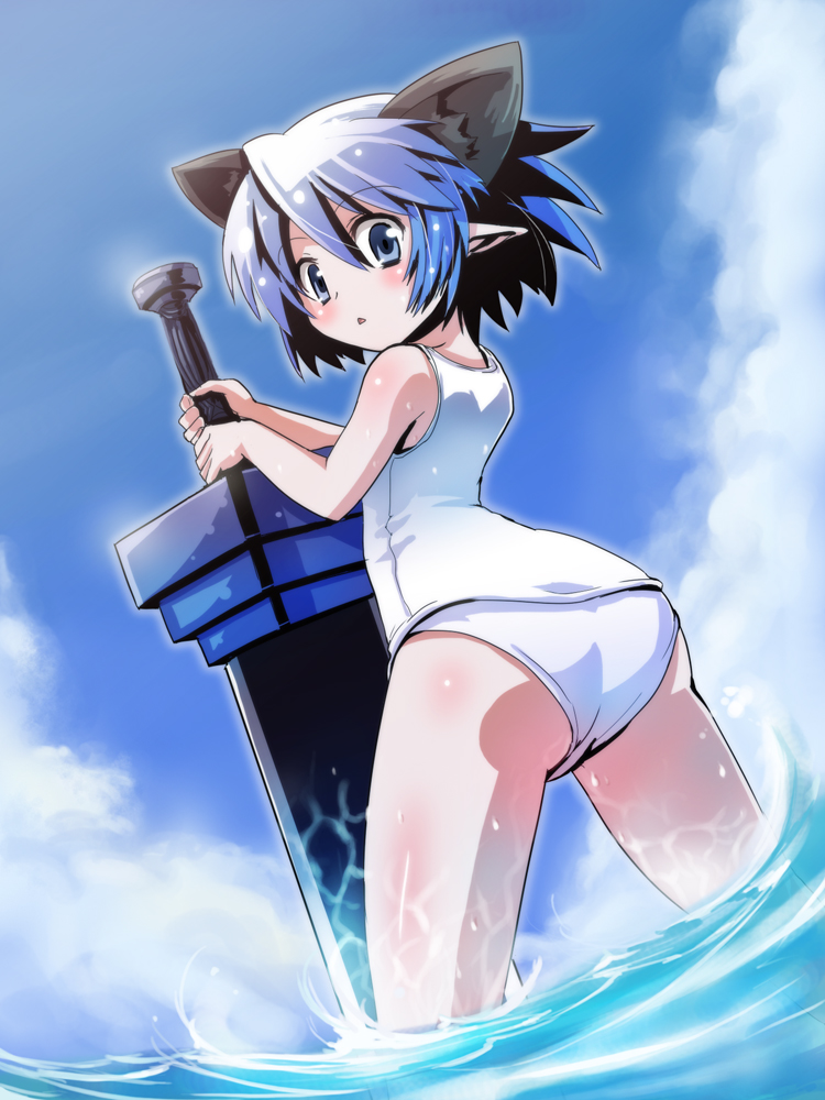 edobox, artemisia (pixiv fantasia), pixiv fantasia, pixiv fantasia 2, 1girl, animal ears, ass, blue eyes, blue hair, cat ears, cloud, day, female focus, from behind, huge weapon, looking back, one-piece swimsuit, panties, pointy ears, school swimsuit, short hair, sky, solo, swimsuit, sword, underwear, wading, water, weapon, wet