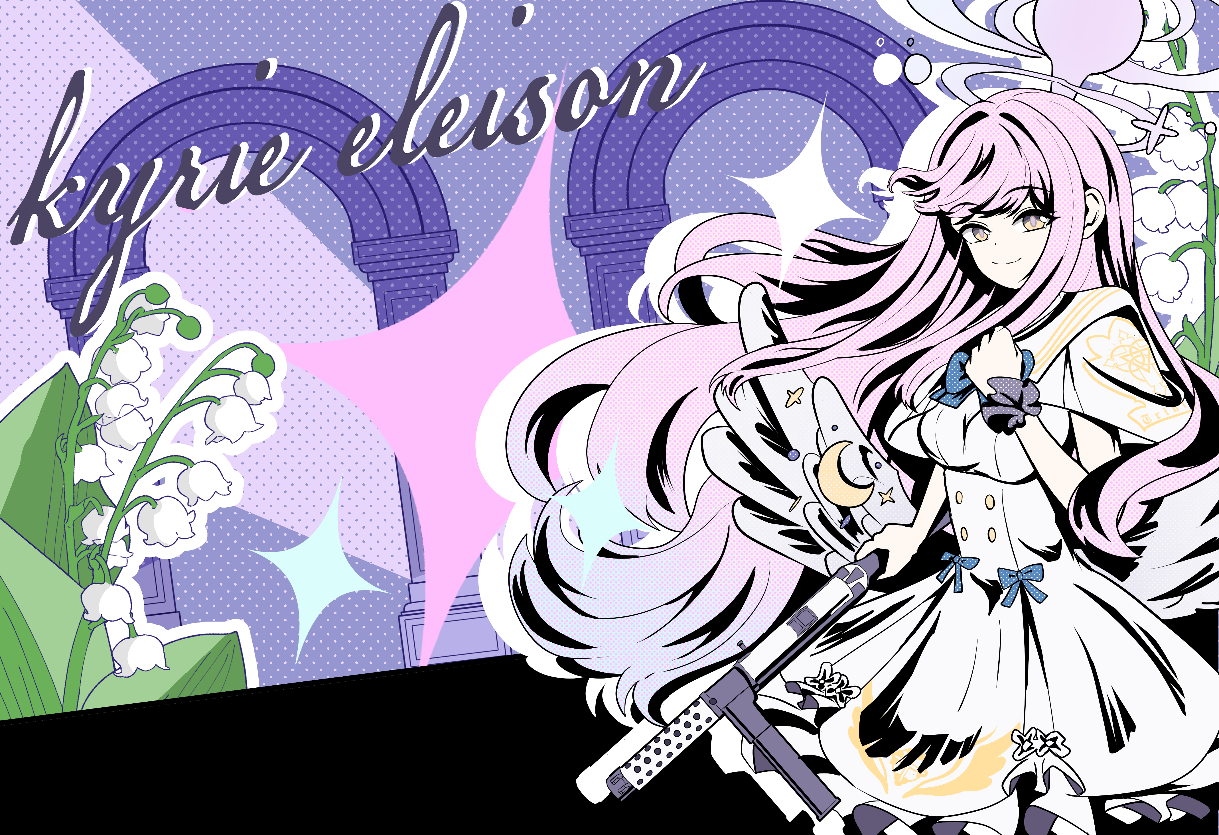 mika (blue archive), blue archive, persona, persona 5, absurdres, commentary, highres, 1girl, all-out attack, black scrunchie, blue bow, blue bowtie, bow, bowtie, breasts, buttons, capelet, clenched hand, closed mouth, cowboy shot, crescent ornament, double-breasted, dress, dress bow, feathered wings, floating hair, flower, frilled dress, frills, gun, hair intakes, halo, hand up, holding, holding gun, holding weapon, latin text, long dress, long hair, looking at viewer, low wings, medium breasts, outline, parody, pink hair, pink halo, polka dot, polka dot background, scrunchie, shippow, sidelocks, simple background, smile, solo, sparkle, split mouth, style parody, very long hair, weapon, white capelet, white dress, white flower, white outline, white wings, wing ornament, wings, wrist scrunchie, yellow eyes