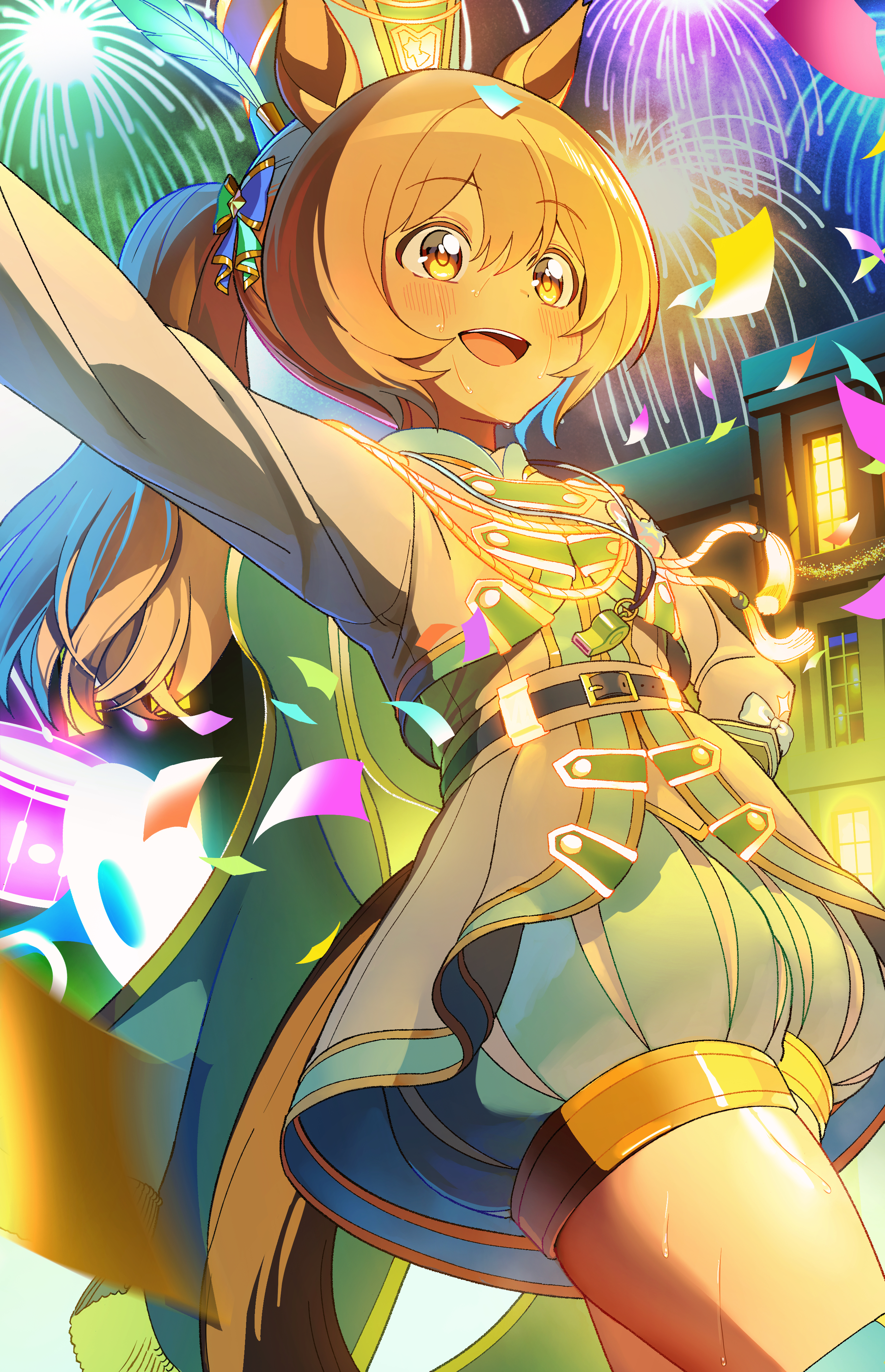 koushikitarou (oisiine8931), smart falcon (luminous twirler) (umamusume), smart falcon (umamusume), umamusume, absurdres, highres, 1girl, animal ears, arm up, belt, blush, bow, brown eyes, brown hair, building, cloak, confetti, cowboy shot, ear ornament, fireworks, hair between eyes, hair bow, hair ornament, hand on own hip, hat, horse ears, horse girl, horse tail, long hair, medium hair, night, official alternate costume, open mouth, outstretched arm, parade, smile, solo, sweat, tail, tareme, teeth, thighs, twintails, whistle, whistle around neck