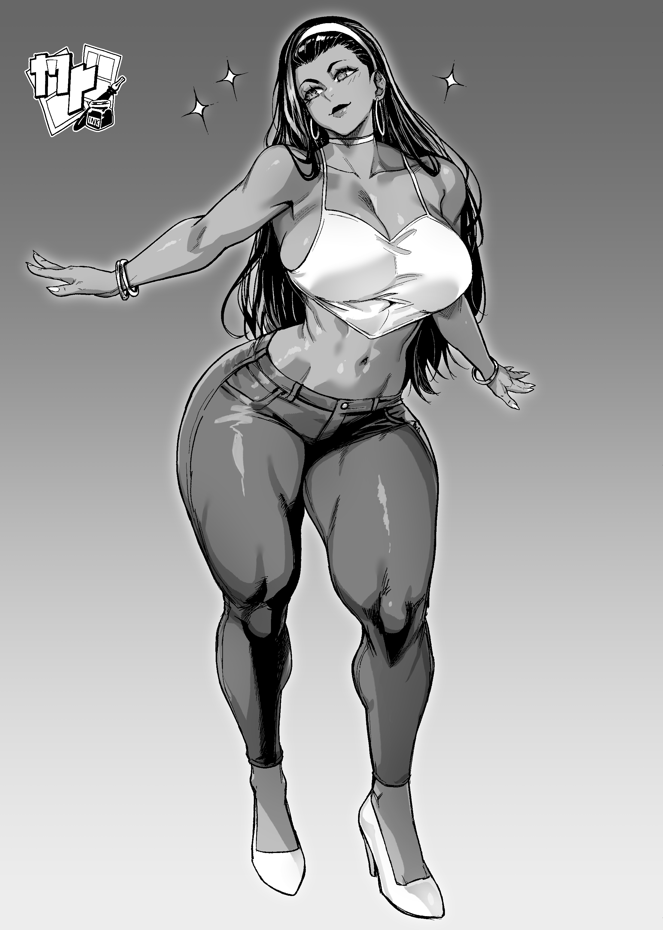 ericmartindood, tsona (nyantcha), original, absurdres, commission, highres, 1girl, borrowed character, breasts, cleavage, dark-skinned female, dark skin, earrings, eyeshadow, full body, greyscale, hairband, high heels, jewelry, large breasts, lips, long hair, makeup, monochrome, smile, solo, thick thighs, thighs, very dark skin