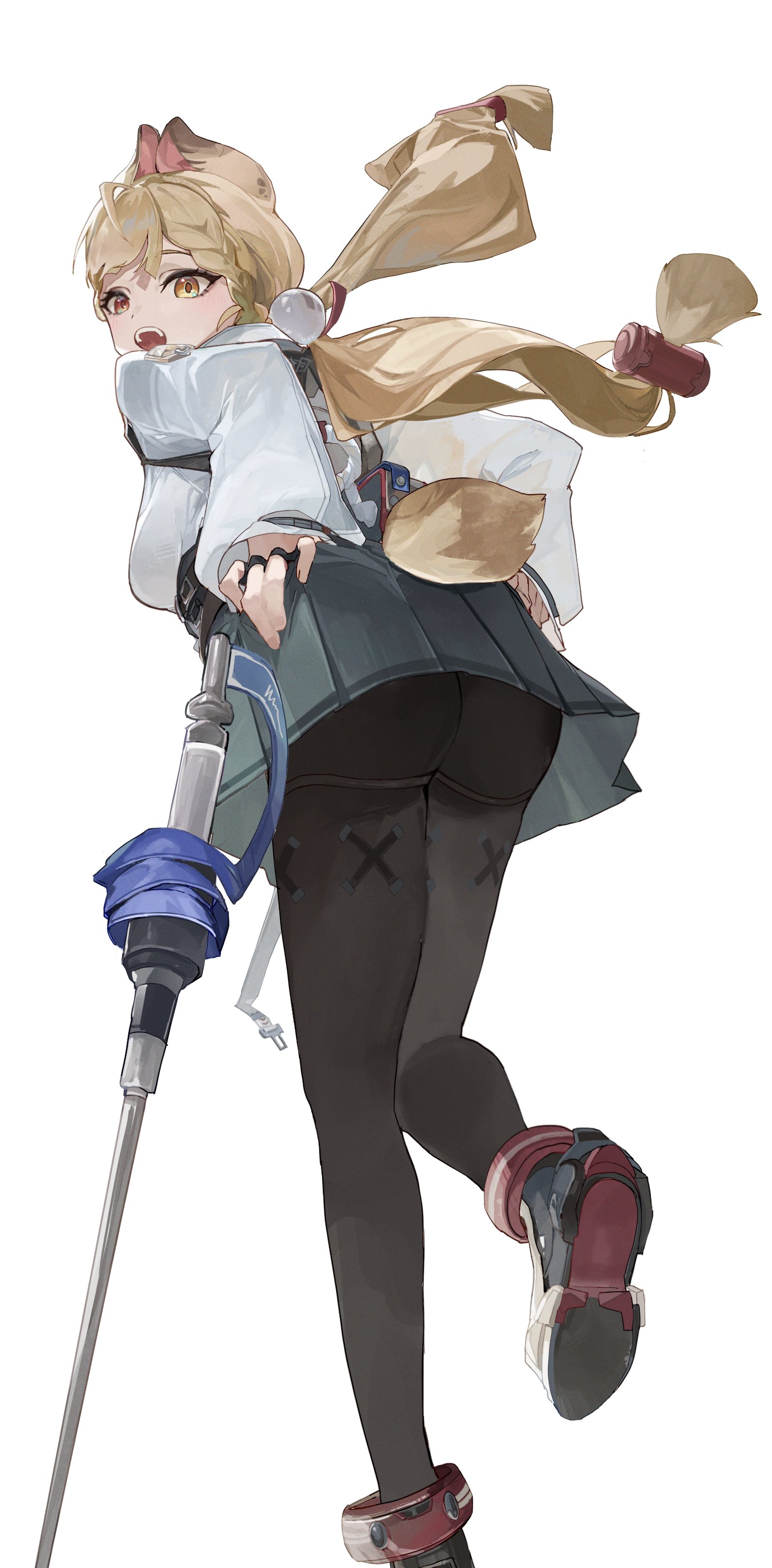 megu (jim48834420), alice thymefield, zenless zone zero, absurdres, commentary, highres, 1girl, animal ears, ass, black pantyhose, blonde hair, dropped object, dropping, fingerless gloves, from behind, gloves, green skirt, hair ornament, harness, heterochromia, looking at viewer, multicolored shoes, open mouth, pantyhose, rabbit ears, rabbit girl, red eyes, shirt, skirt, solo, sphere hair ornament, standing, standing on one leg, sword, teeth, twintails, upper teeth only, weapon, white background, white shirt, yellow eyes