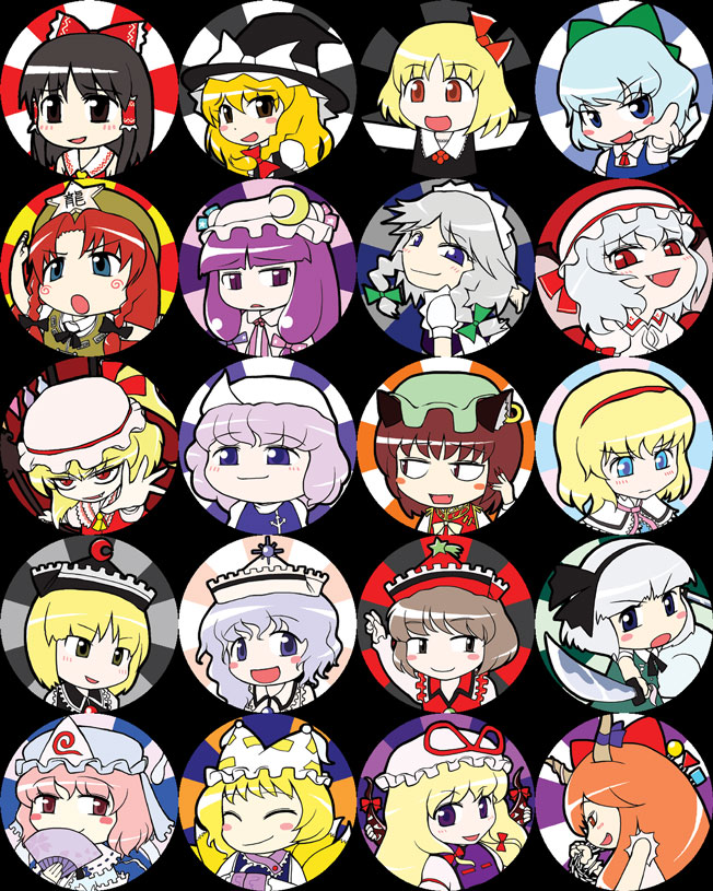 alice margatroid, chen, cirno, flandre scarlet, hakurei reimu, hong meiling, ibuki suika, izayoi sakuya, kirisame marisa, konpaku youmu, letty whiterock, lunasa prismriver, lyrica prismriver, merlin prismriver, patchouli knowledge, remilia scarlet, rumia, saigyouji yuyuko, yakumo ran, yakumo yukari, touhou, artist request, 6+girls, animal ears, animal hat, black hair, blonde hair, blue eyes, blue hair, blush, brown eyes, brown hair, cat ears, cat girl, cat tail, crescent, crescent hat ornament, earrings, everyone, female focus, fox ears, fox tail, green eyes, hairband, hat, hat ornament, horns, japanese clothes, jewelry, katana, kimono, long hair, long sleeves, mob cap, moon, multiple girls, orange hair, pink hair, purple eyes, purple hair, red eyes, red hair, ribbon, short hair, star (symbol), sword, tail, tassel, weapon, white hair, wings