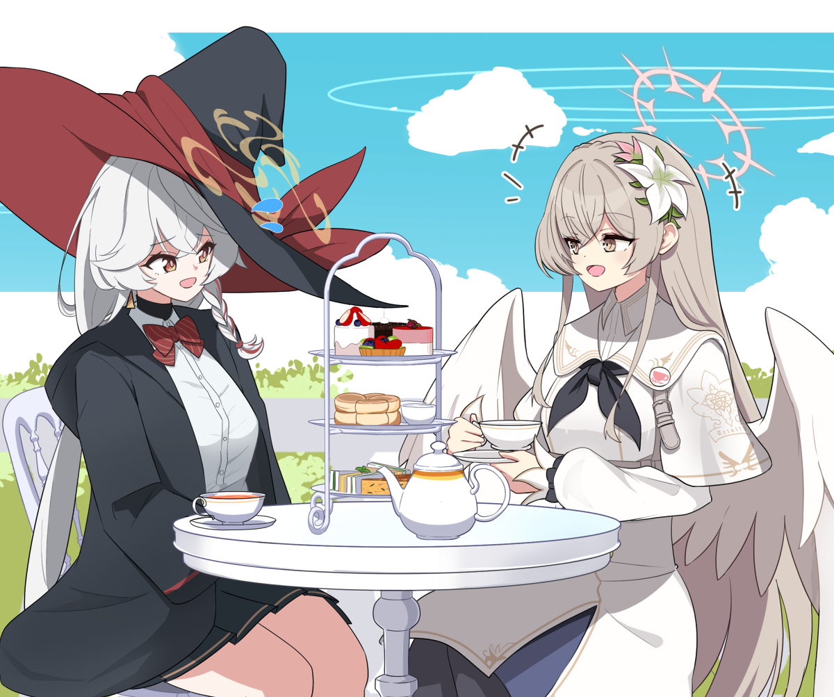 eri (blue archive), nagisa (blue archive), blue archive, commentary request, +++, 2girls, :d, black hat, black neckerchief, black robe, black skirt, blue sky, blush, bow, bowtie, braid, brown eyes, brown hair, cake, capelet, cloud, collared shirt, crossed bangs, crown braid, cup, day, diagonal-striped bow, dress, dress shirt, feathered wings, feet out of frame, flower, food, grey hair, hair between eyes, hair flower, hair ornament, hat, hat ribbon, holding, holding cup, leaf hair ornament, long hair, long sleeves, looking at another, low ponytail, low wings, miniskirt, multiple girls, neckerchief, open clothes, open mouth, open robe, outdoors, pink hair, pleated skirt, ponytail, puffy long sleeves, puffy sleeves, red bow, red bowtie, red ribbon, ribbon, robe, sailor collar, school uniform, serafuku, shippow, shirt, sidelocks, single braid, sitting, skirt, sky, smile, straight hair, striped bow, tea, teacup, teapot, tsurime, very long hair, white capelet, white dress, white flower, white sailor collar, white shirt, white wings, wings, witch hat