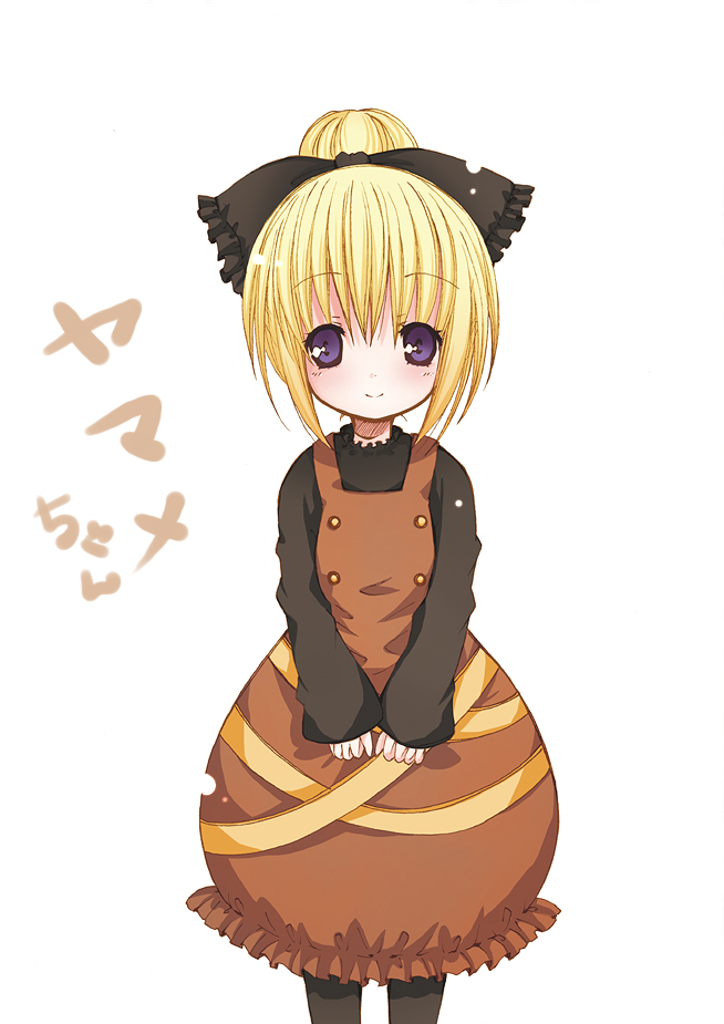 catbell, kurodani yamame, touhou, 1girl, blonde hair, bow, character name, cowboy shot, dress, female focus, hair bow, pinafore dress, purple eyes, short hair, simple background, sleeveless, sleeveless dress, solo, v arms, white background