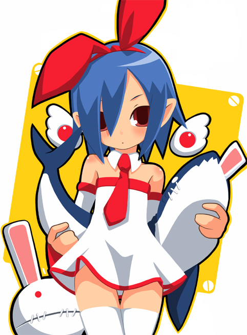 imaizumi teruhiko, pleinair, same-san, usagi-san, bare shoulders, blue hair, detached sleeves, hair ribbon, necktie, pointy ears, rabbit, red eyes, ribbon, shark, short hair, solo, stuffed animal, stuffed toy, thighhighs, wings, zettai ryouiki