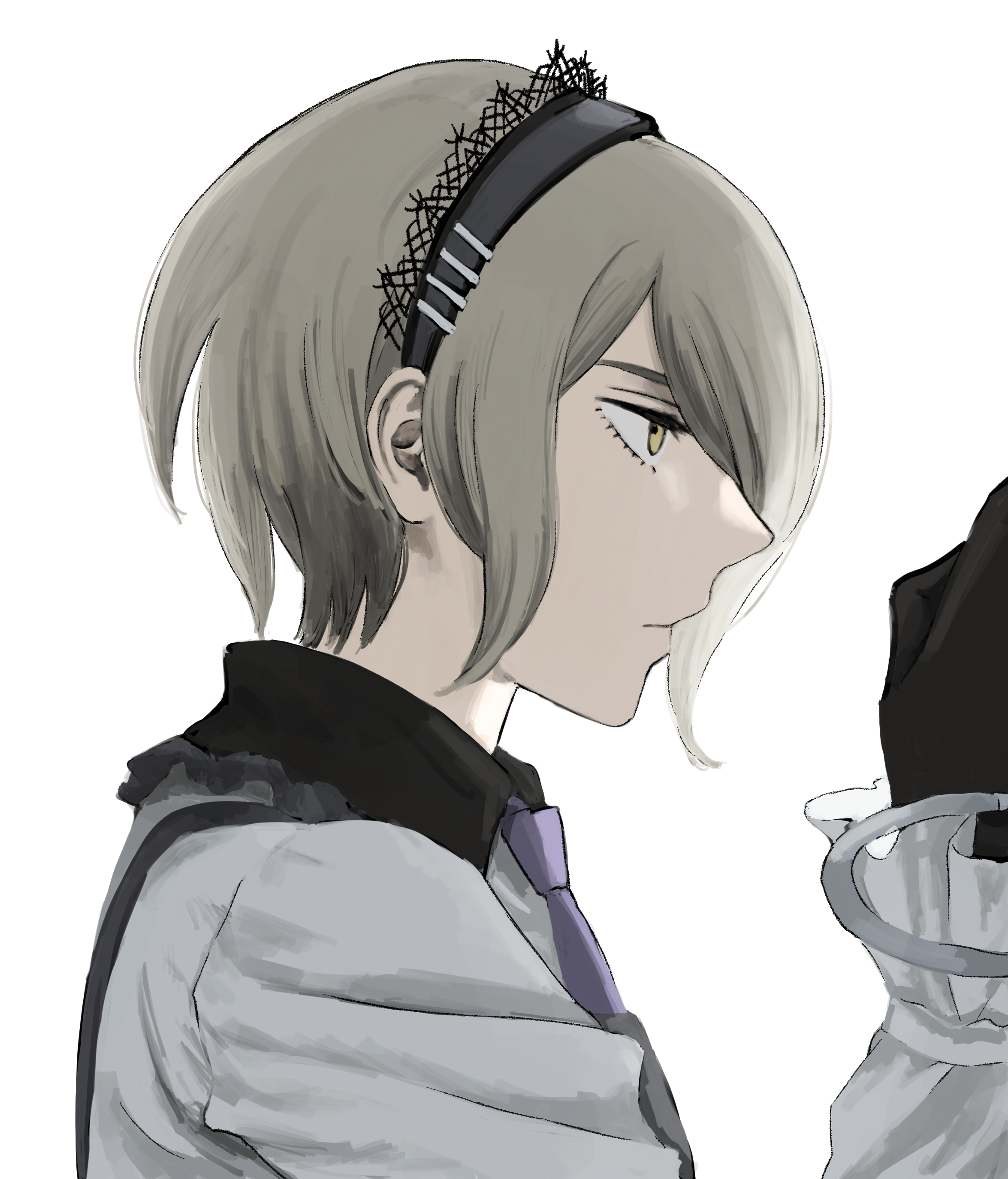 krmtknkoo1582, tojo kirumi, danganronpa (series), danganronpa v3: killing harmony, absurdres, commentary request, highres, 1girl, black dress, black gloves, collared shirt, dress, expressionless, eyelashes, frilled shirt collar, frilled sleeves, frills, from side, gloves, grey hair, grey hairband, hair over one eye, hairband, hand up, lace-trimmed hairband, lace trim, long sleeves, necktie, o-ring, pinafore dress, purple necktie, shirt, short hair, simple background, sleeveless, sleeveless dress, sleeves past wrists, solo, upper body, white background, white shirt, yellow eyes