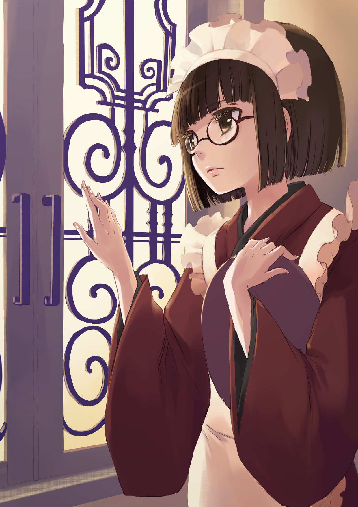 gin (oyoyo), original, highres, brown eyes, brown hair, glasses, lips, maid, solo, wa maid