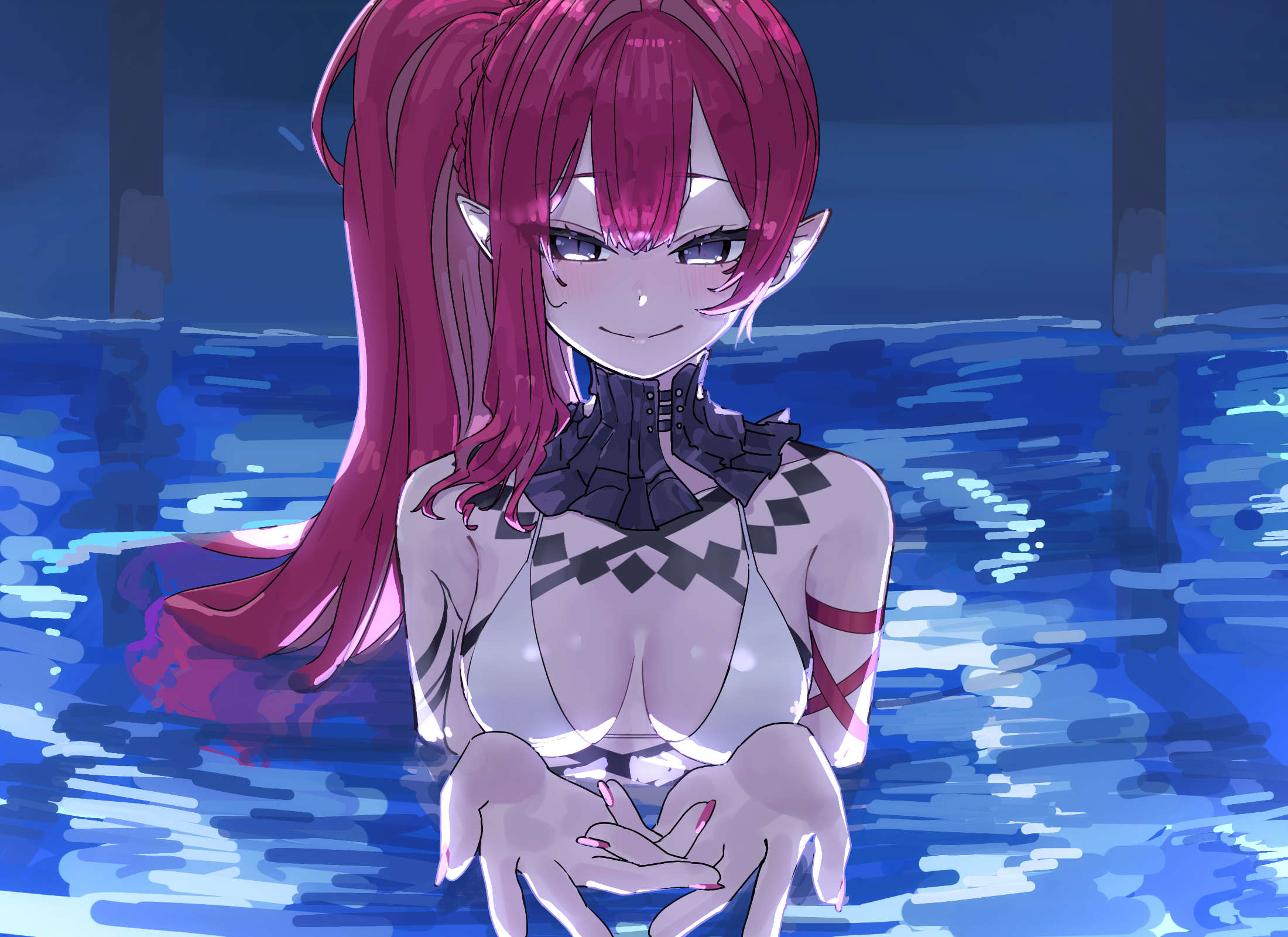 niwaikanai, baobhan sith (fate), baobhan sith (swimsuit pretender) (third ascension) (fate), chainsaw man, fate/grand order, fate (series), commentary request, highres, 1girl, bare shoulders, bikini, blush, breasts, cleavage, detached collar, grey eyes, long hair, looking at viewer, partially submerged, pink hair, pointy ears, pool, scene reference, side ponytail, smile, solo, swimsuit, water, white bikini