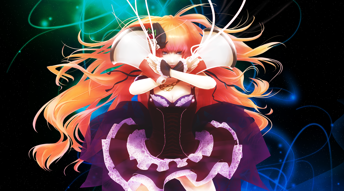 sheryl nome, macross, macross frontier, light, bad id, bad pixiv id, 00s, beads, blonde hair, blue eyes, corset, dress, flower, long hair, megaphone, solo