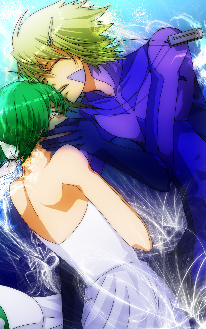 kamu (camui), brera sterne, ranka lee, macross, macross frontier, pilot suit, highres, 00s, 1boy, 1girl, blonde hair, brother and sister, closed eyes, green hair, red eyes, short hair, siblings, tears, twintails