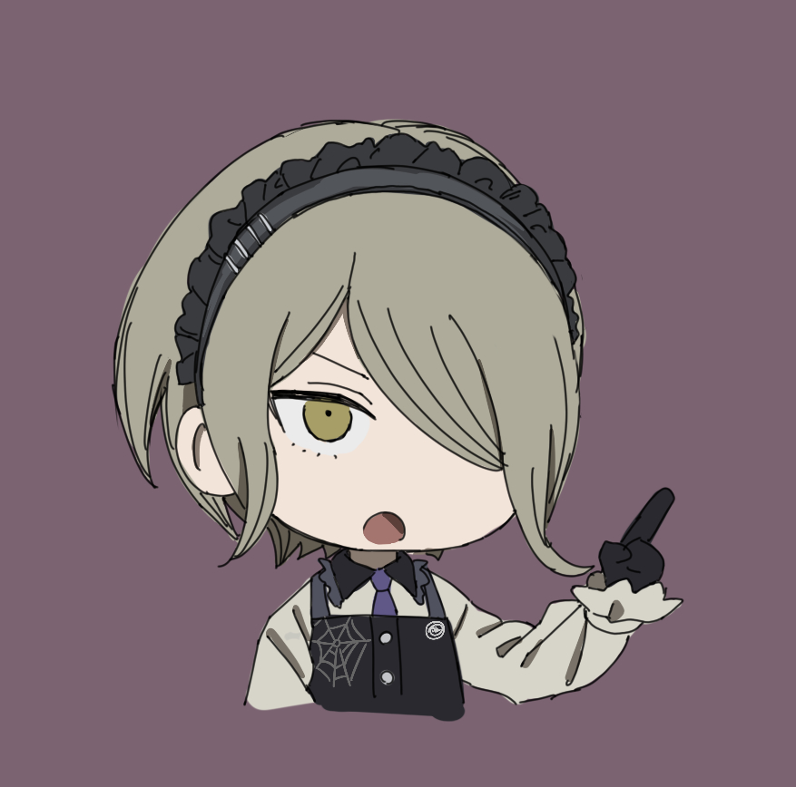 krmtknkoo1582, tojo kirumi, danganronpa (series), danganronpa v3: killing harmony, commentary request, 1girl, badge, black dress, black gloves, buttons, collared shirt, cropped torso, determined, dress, eyelashes, flat color, frilled hairband, frilled shirt collar, frilled sleeves, frills, gloves, grey hair, grey hairband, hair over one eye, hairband, long sleeves, necktie, open mouth, pinafore dress, pointing, pointing up, print dress, purple background, purple necktie, shirt, short hair, simple background, sleeveless, sleeveless dress, sleeves past wrists, solo, spider web print, tsurime, v-shaped eyebrows, white shirt, yellow eyes
