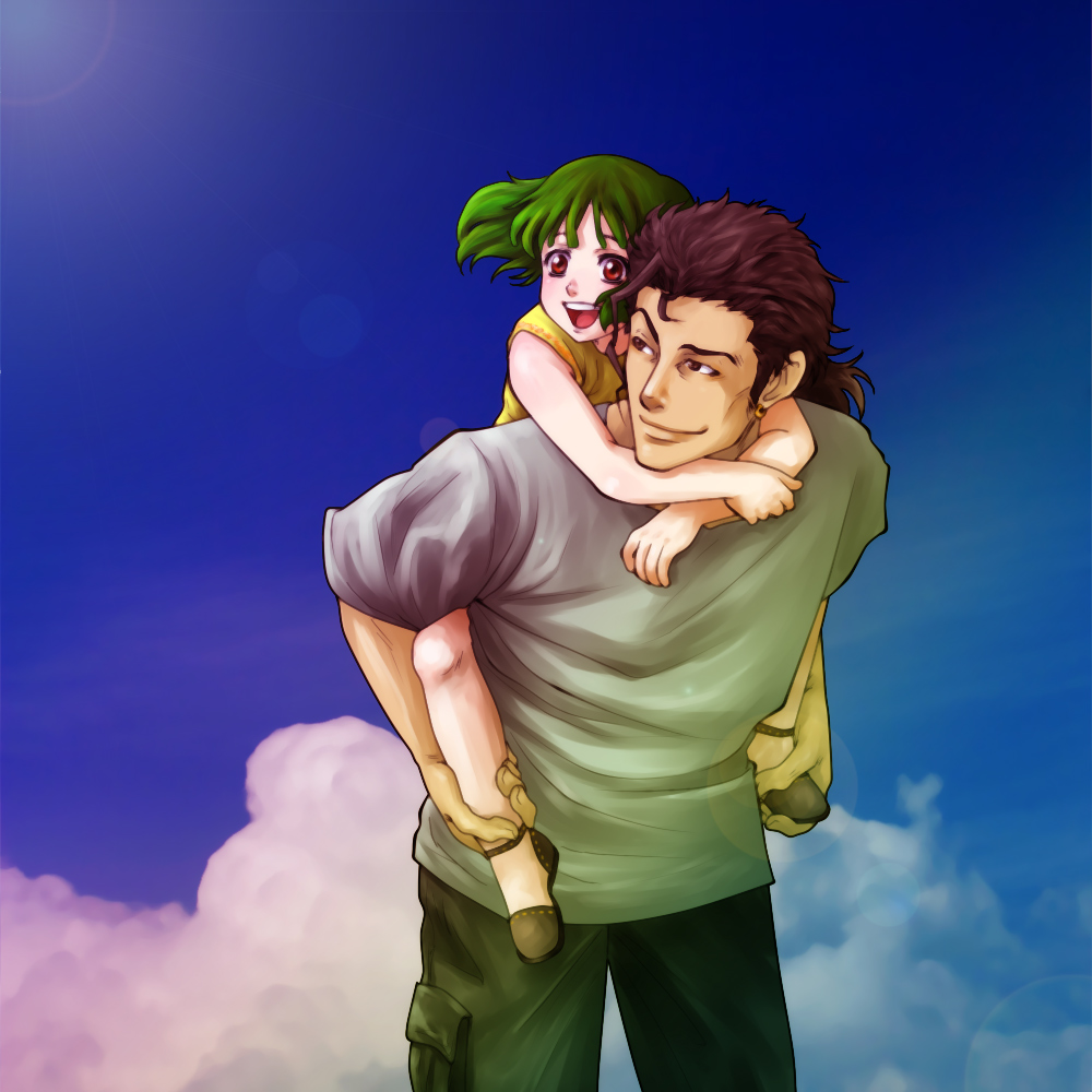 ozma lee, ranka lee, macross, macross frontier, 00s, 1boy, 1girl, brother and sister, child, cloud, day, earrings, green hair, jewelry, red eyes, siblings, sky, smile