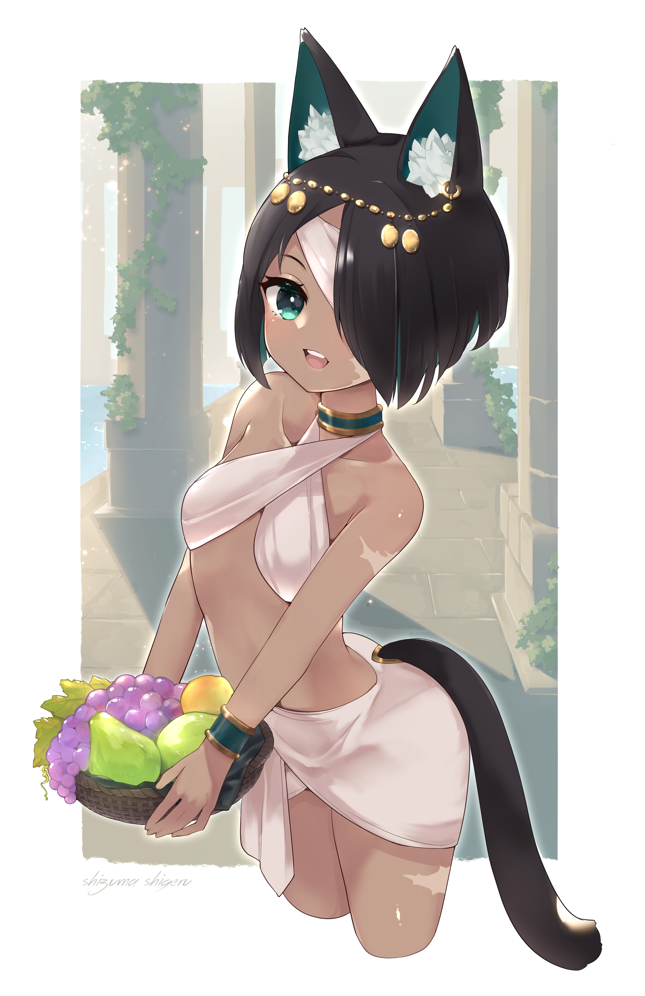shizuma shigeru, original, absurdres, commentary request, highres, 1girl, :d, ancient egyptian clothes, animal ears, bandage over one eye, basket, black hair, breasts, cat ears, cat girl, cat tail, collar, colored inner hair, dark-skinned female, dark skin, food, fruit, fruit basket, gold, grapes, green eyes, hair over one eye, holding, holding basket, looking at viewer, multicolored hair, open mouth, pear, scar, scar on arm, scar on leg, shendyt, short hair, sling bikini top, small breasts, smile, tail, wicker basket