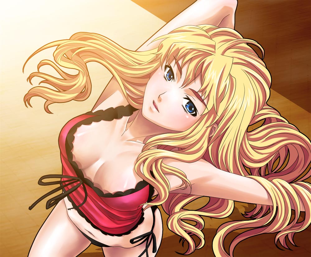 kutsuno, sheryl nome, macross, macross frontier, 00s, 1girl, blonde hair, blue eyes, blush, breasts, cleavage, female focus, from above, large breasts, panties, side-tie panties, solo, underwear