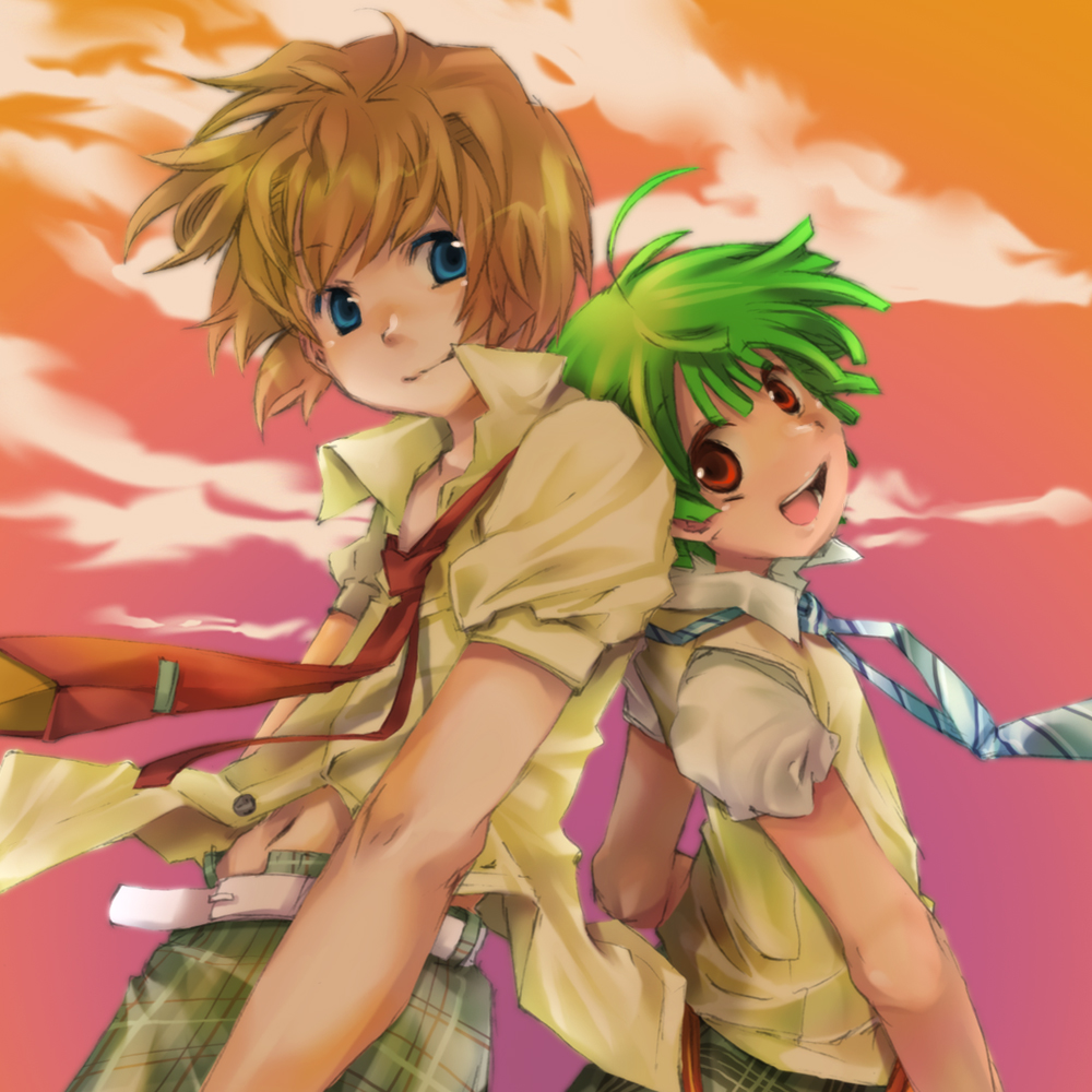 n:go, ranka lee, sheryl nome, macross, macross frontier, 00s, 2boys, belt, blonde hair, blue eyes, cloud, genderswap, genderswap (ftm), green hair, male focus, multiple boys, necktie, red eyes, school uniform, serafuku, short hair, sky