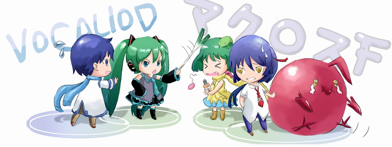 okran, hatsune miku, kaito (vocaloid), ranka lee, saotome alto, macross, macross frontier, vocaloid, bad id, bad pixiv id, 00s, 2boys, 2girls, blue eyes, blue hair, blue scarf, chibi, copyright name, crossover, green hair, long hair, microphone, multiple boys, multiple girls, necktie, red eyes, scarf, short hair, skirt, spring onion, tears, twintails, yellow scarf