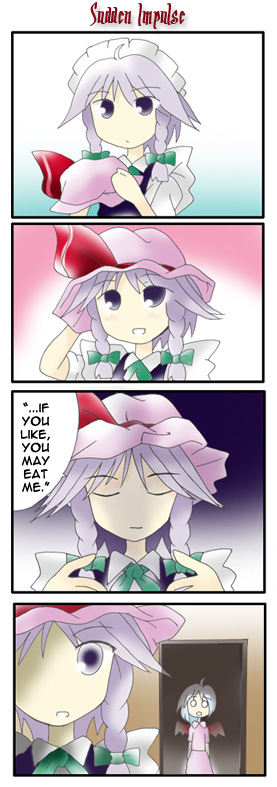 morogami ryou, izayoi sakuya, remilia scarlet, touhou, silver hair, hard-translated, third-party edit, 4koma, blue eyes, blue hair, comic, english text, female focus, hat, short hair, walk-in