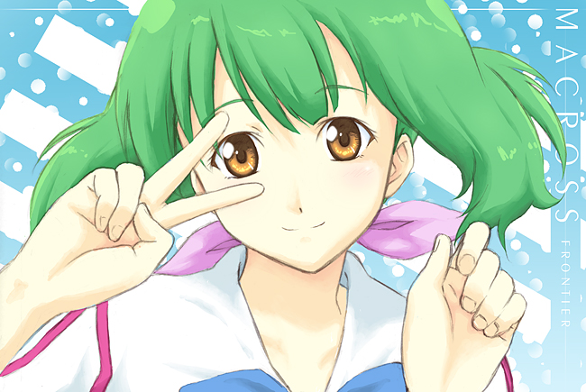 enosawa kou, ranka lee, macross, macross frontier, 00s, green hair, school uniform, serafuku, short hair, solo, twintails, yellow eyes
