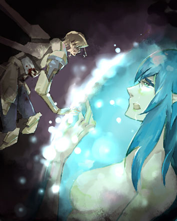 kei (kekkei), ex-gear, klan klein, meltrandi, mikhail buran, zentradi, macross, macross frontier, light, lowres, spoilers, 00s, 1boy, 1girl, armor, bad end, blonde hair, blood, blue hair, breasts, couple, death, floating, giant, giantess, green eyes, hetero, long hair, mecha, miclonization chamber, power armor, power suit, robot, short hair, tears, twintails