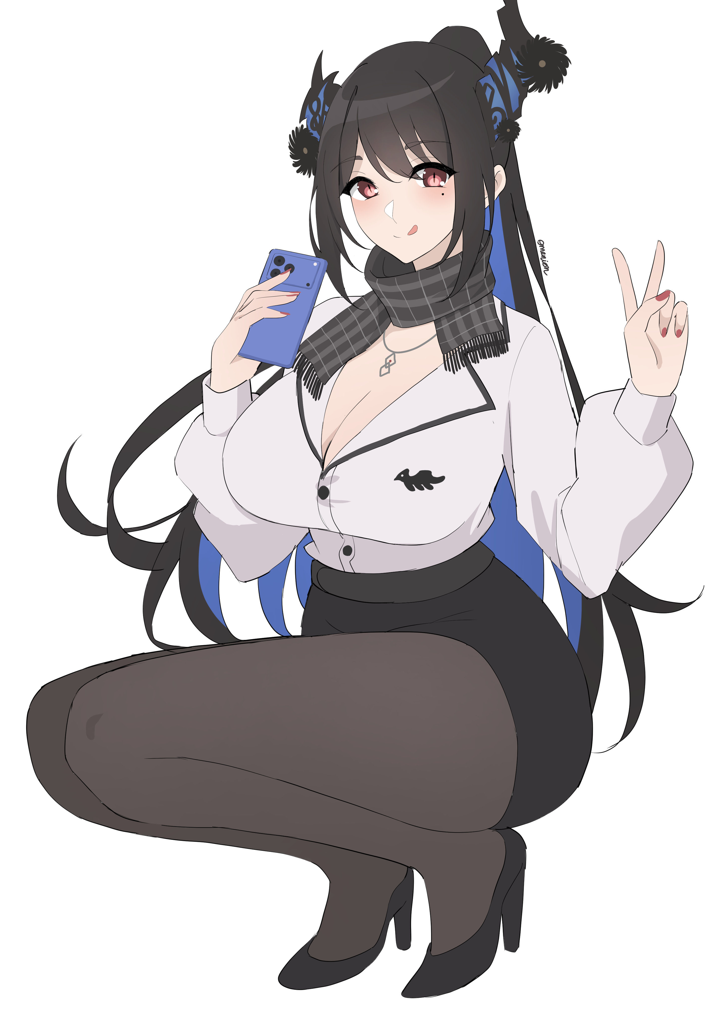 omenion, nerissa ravencroft, nerissa ravencroft (casual), hololive, hololive english, absurdres, highres, :p, asymmetrical horns, black hair, black skirt, blue hair, breasts, button up skirt, cleavage, colored inner hair, high heels, horns, jewelry, large breasts, mole, mole under eye, multicolored hair, necklace, pantyhose, red eyes, scarf, shirt, skirt, thighs, tongue, tongue out, v, virtual youtuber, white background, white shirt
