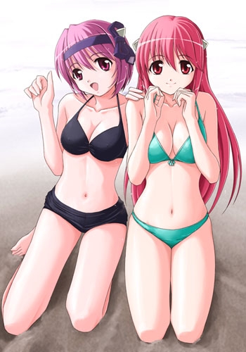 kaede (character), lucy (elfen lied), nana (elfen lied), nyuu, elfen lied, lowres, 00s, 2girls, bikini, breasts, cleavage, horns, kneeling, large breasts, long hair, medium breasts, multiple girls, open mouth, pink hair, red hair, short hair, smile, swimsuit