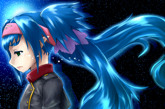 jiji (aardvark), jiji (wander plug), klan klein, macross, macross frontier, 00s, blue hair, floating hair, green eyes, headband, long hair, pointy ears, solo, space, star (symbol), tears, twintails