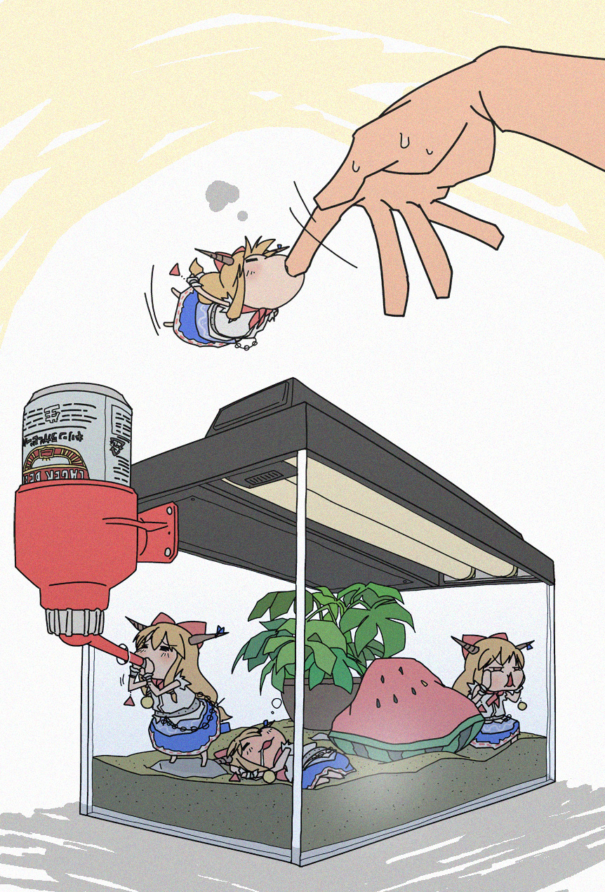 rodney (melagal), ibuki suika, touhou, biting finger, bad id, bad pixiv id, highres, 4girls, against glass, alcohol, beer, beer can, biting, cage, can, chibi, closed eyes, drink can, drinking, drooling, drunk, female focus, food, fruit, long hair, low-tied long hair, mini person, minigirl, multiple girls, name connection, object namesake, sleeping, sweat, terrarium, watermelon