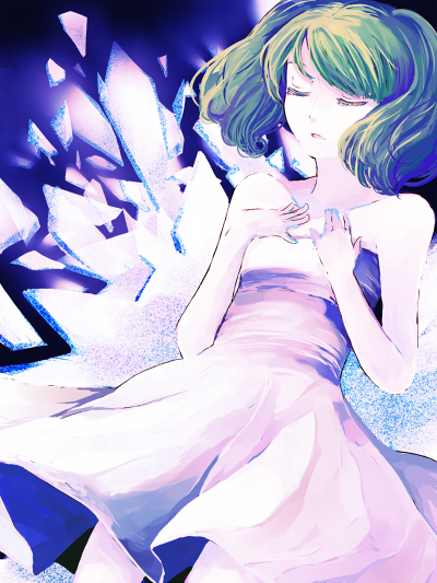 tenteko (darasido), ranka lee, macross, macross frontier, 00s, 1girl, closed eyes, dress, female focus, green hair, short hair, solo, strapless, strapless dress, twintails