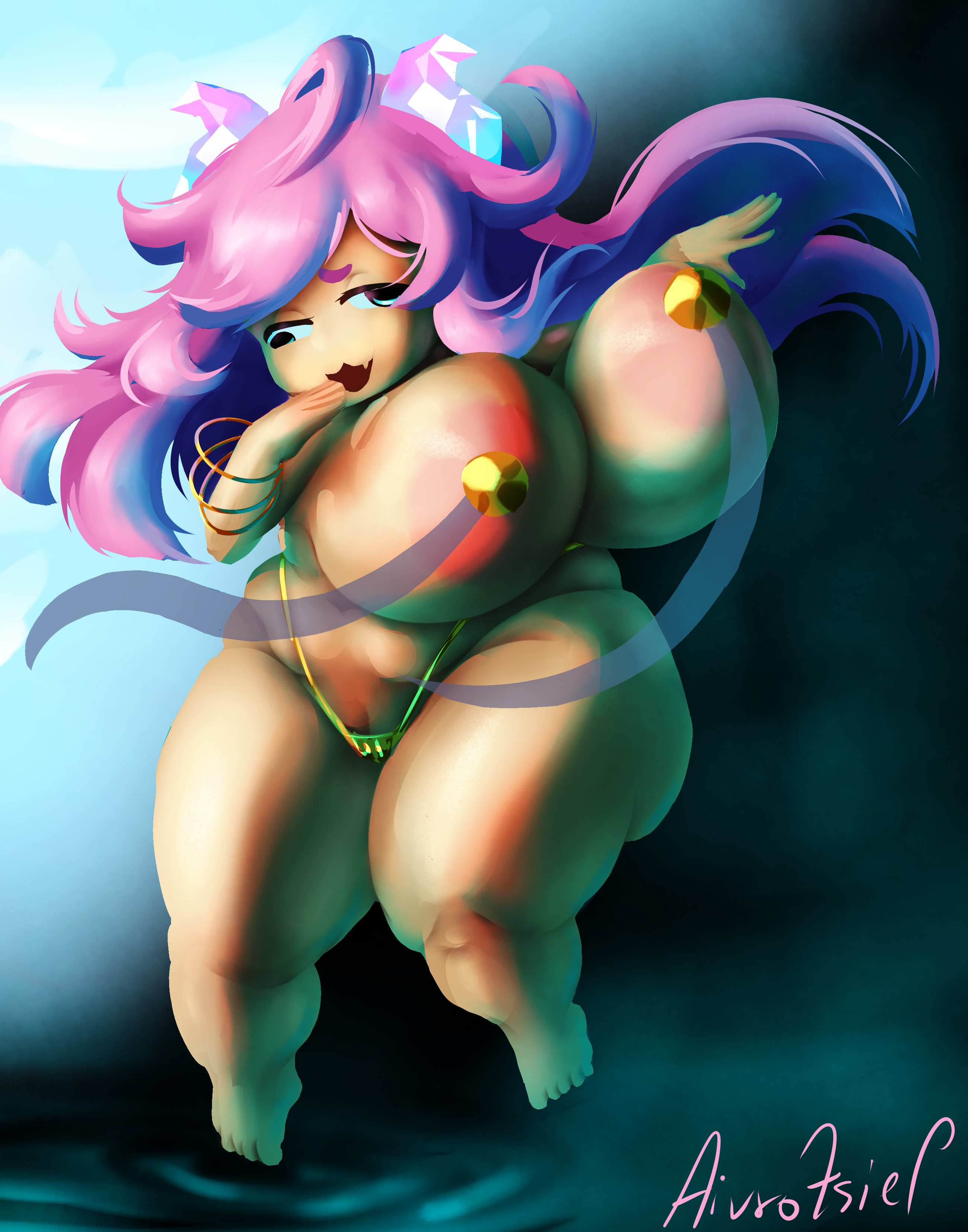 aivrotsiel, chibidoki (vtuber), indie virtual youtuber, ass, belly, blue eyes, bracelet, breasts, cowlick, dancer, feet, horns, huge ass, huge breasts, jewelry, large breasts, messy hair, nipple tassels, pink hair, shortstack, tassel, thick thighs, thighs, virtual youtuber