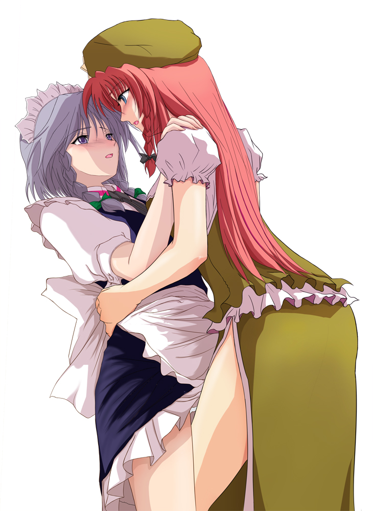 rp (necho), hong meiling, izayoi sakuya, embodiment of scarlet devil, touhou, silver hair, 2girls, blue eyes, blush, braid, china dress, chinese clothes, dress, female focus, hat, long hair, maid, multiple girls, red hair, short hair, yuri