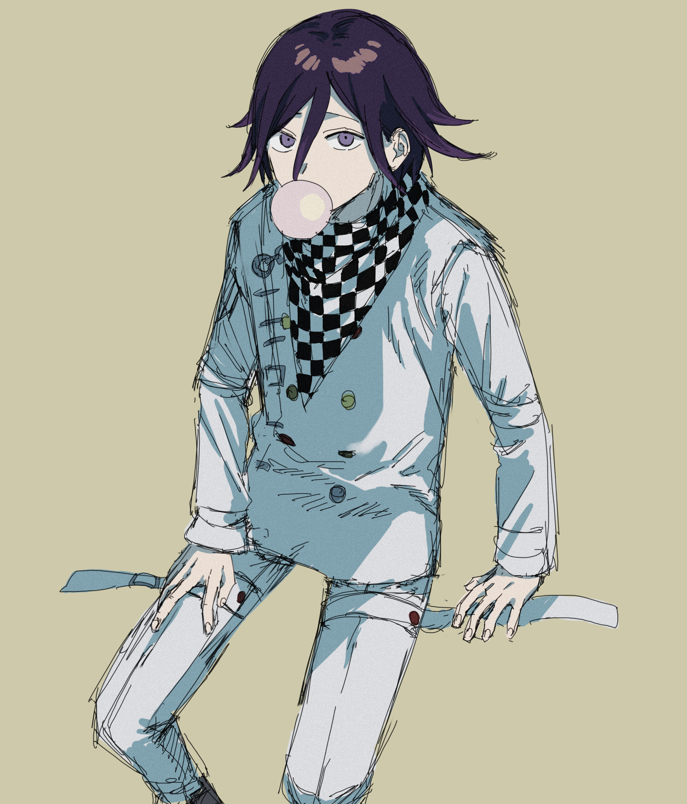 krmtknkoo1582, oma kokichi, danganronpa (series), danganronpa v3: killing harmony, absurdres, highres, 1boy, arm belt, belt, black scarf, black shoes, brown background, buttons, checkered clothes, checkered scarf, chewing gum, double-breasted, dress pants, expressionless, feet out of frame, fingernails, hair between eyes, hand on ground, hand on own thigh, invisible chair, jacket, long hair between eyes, long sleeves, looking at viewer, male focus, multicolored buttons, multiple belts, open belt, pants, purple eyes, purple hair, scarf, shoes, short hair, simple background, sitting, solo, thigh belt, thigh strap, two-tone scarf, white belt, white jacket, white pants, white scarf, wrist belt