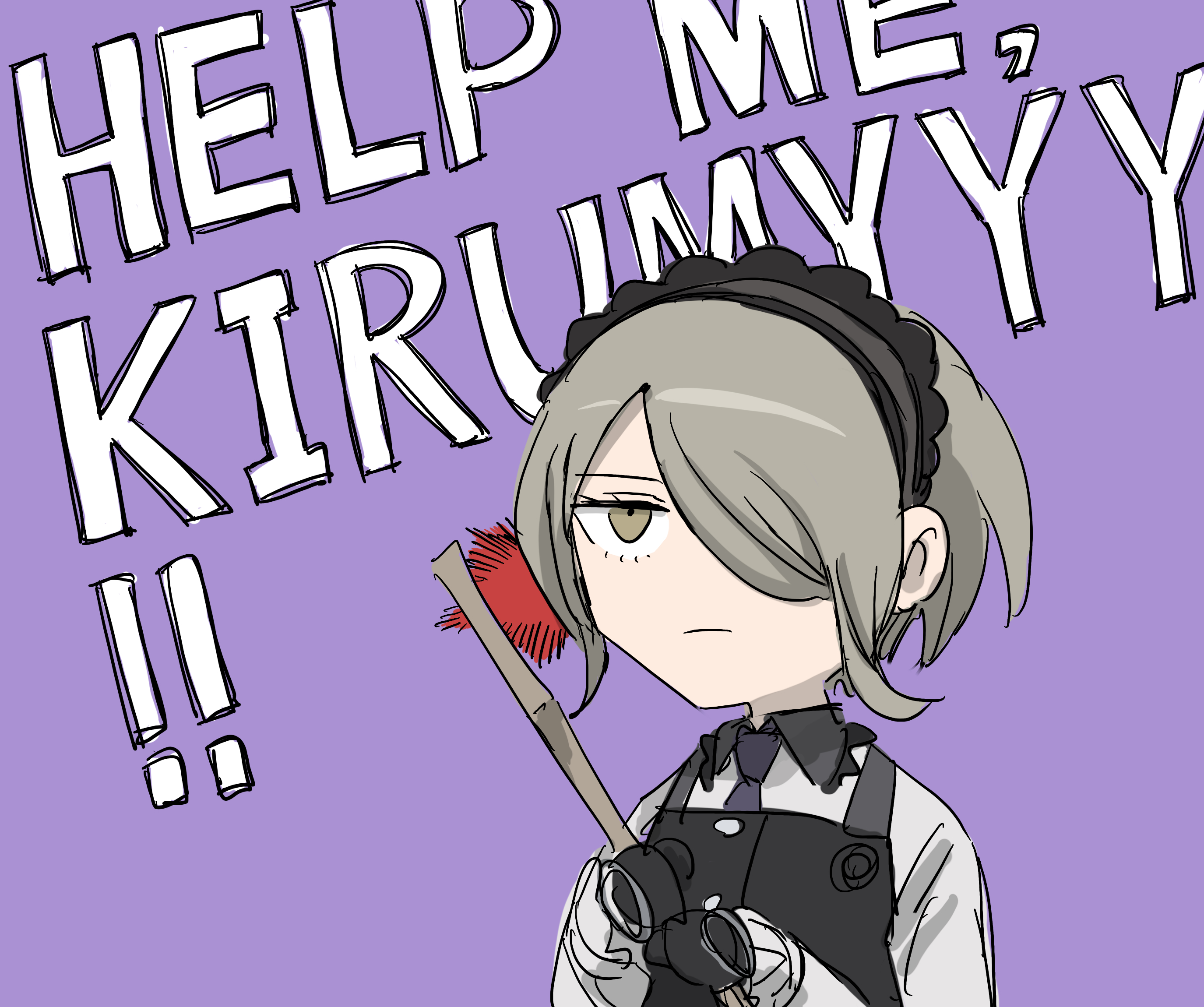 krmtknkoo1582, tojo kirumi, cool&create, danganronpa (series), danganronpa v3: killing harmony, touhou, commentary request, highres, 1girl, ^^^, badge, black dress, black gloves, broom, brown eyes, buttons, closed mouth, collared shirt, deformed, dress, english text, eyelashes, frilled hairband, frilled shirt collar, frilled sleeves, frills, frown, gloves, grey hair, grey hairband, hair over one eye, hairband, help me erinnnnnn!!, holding, holding broom, jitome, long sleeves, looking ahead, lyrics, necktie, o-ring, parody, pinafore dress, purple background, purple necktie, shirt, short hair, simple background, sleeveless, sleeveless dress, sleeves past wrists, solo, sweeping, unamused, upper body, white shirt