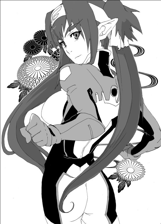 fusion-s, klan klein, macross, macross frontier, pilot suit, 00s, 1girl, ass, breasts, female focus, flower, greyscale, headband, large breasts, long hair, monochrome, pointy ears, solo, twintails