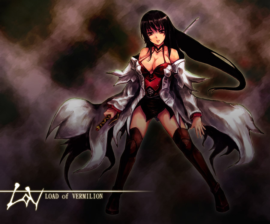kara (color), rishia, lord of vermilion, 1girl, black hair, breasts, cleavage, english text, engrish text, female focus, full body, large breasts, long hair, off shoulder, ranguage, red eyes, red thighhighs, solo, sword, thighhighs, weapon, zettai ryouiki