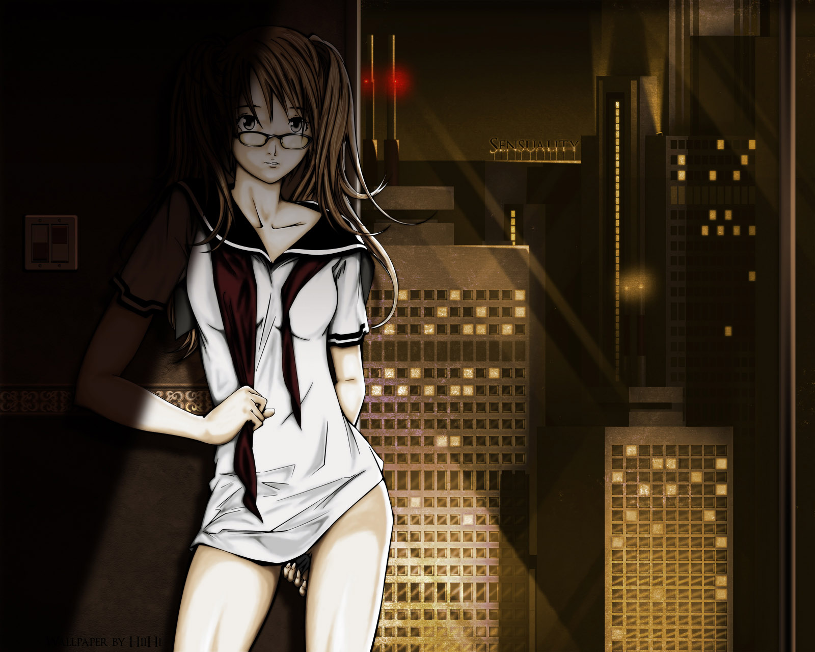 oogure ito, noyamano ringo, air gear, highres, 00s, bottomless, brown hair, cityscape, glasses, pun, solo, twintails, undressing