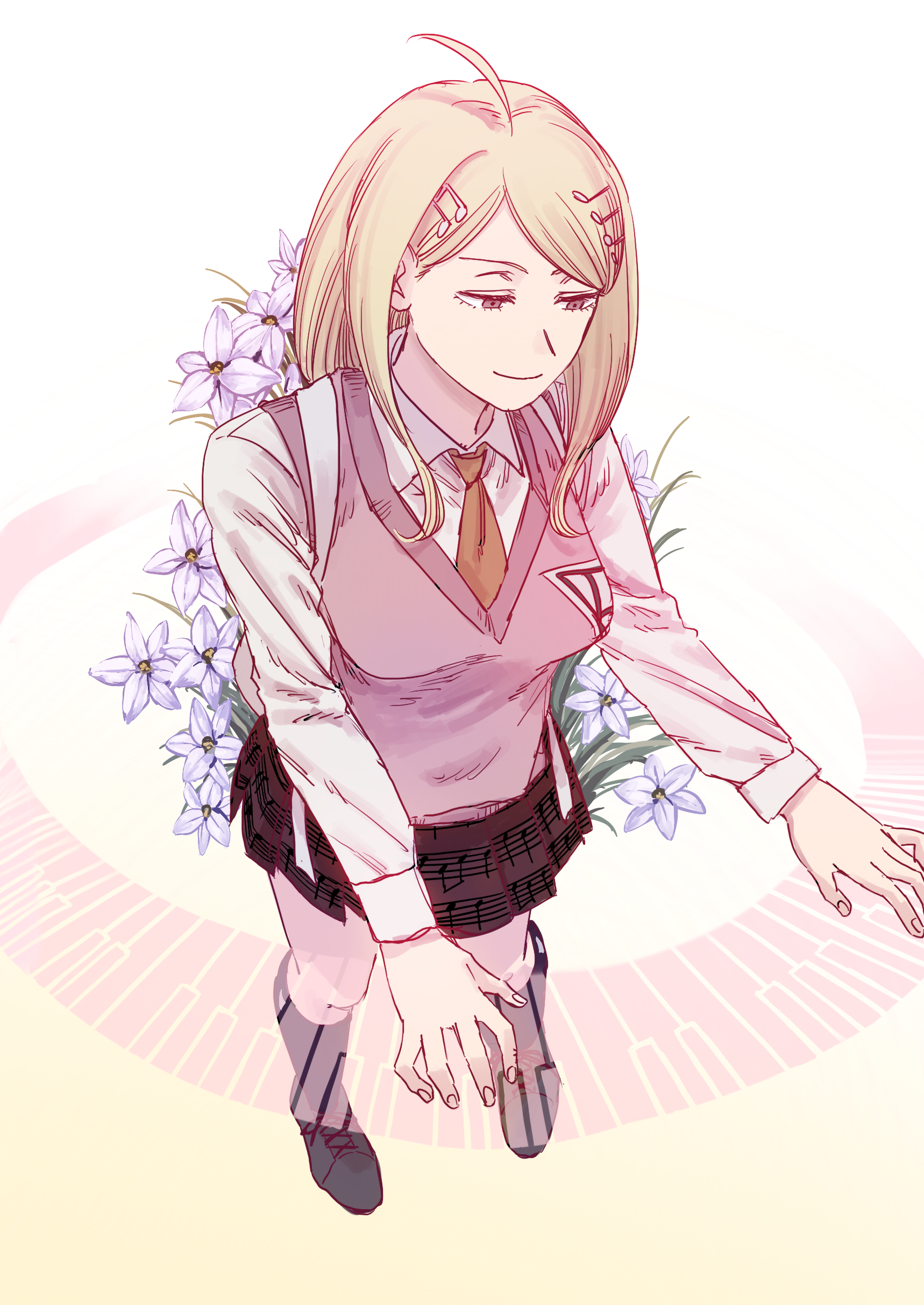krmtknkoo1582, akamatsu kaede, danganronpa (series), danganronpa v3: killing harmony, absurdres, flower request, highres, 1girl, ahoge, backpack, bag, black socks, blonde hair, breasts, closed mouth, collared shirt, cross-laced shoes, downturned eyes, eyelashes, fingernails, flower, fortissimo, from above, full body, gradient background, grey shoes, hair ornament, hairclip, half-closed eyes, happy, instrument, kneehighs, knees, long hair, long sleeves, medium breasts, miniskirt, music, musical note, musical note hair ornament, musical note print, necktie, orange necktie, piano keys, pink vest, playing instrument, playing piano, pleated skirt, print skirt, purple eyes, purple skirt, shirt, shoes, skirt, smile, socks, solo, standing, two-tone background, v-neck, vest, white background, white bag, white flower, white shirt, yellow background