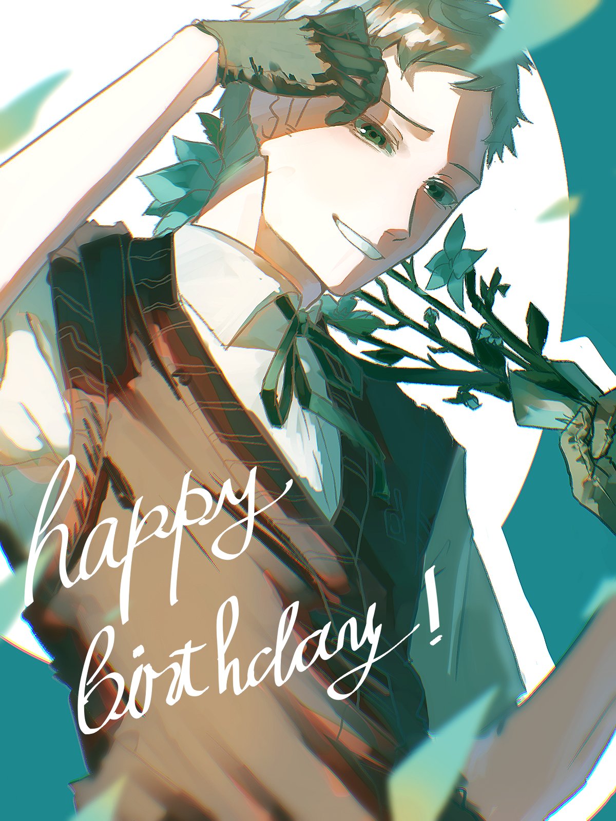 sanada akihiko, persona, persona 3, commentary request, highres, 1boy, birthday, black gloves, black ribbon, collared shirt, flower, gekkoukan high school uniform, gloves, grey hair, hand up, happy birthday, holding, holding flower, looking at viewer, male focus, miramintkurun, neck ribbon, parted lips, red sweater vest, ribbon, school uniform, shirt, short hair, smile, solo, sweater vest, upper body, white shirt