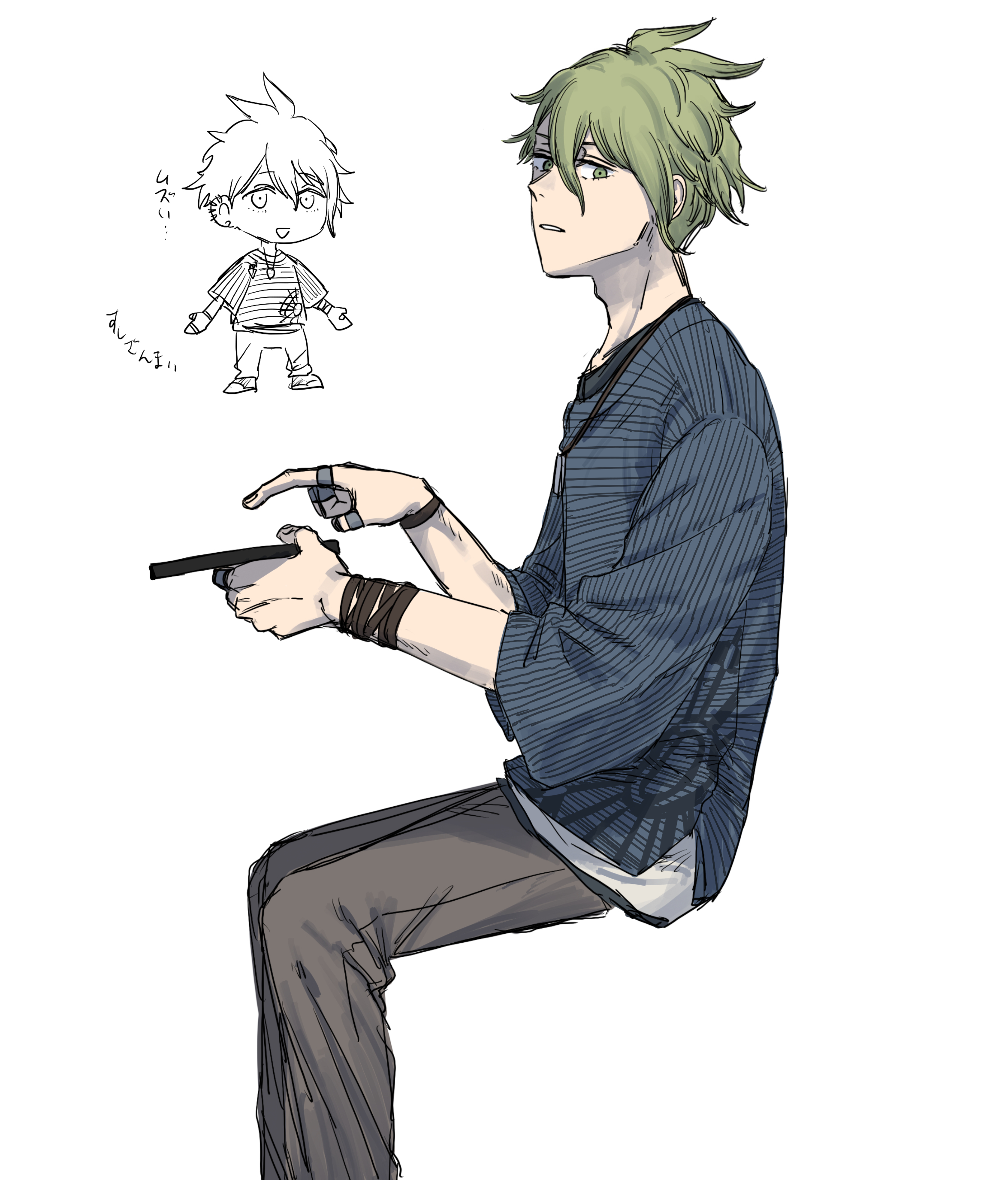 krmtknkoo1582, amami rantaro, danganronpa (series), danganronpa v3: killing harmony, absurdres, commentary request, highres, translation request, 1boy, antenna hair, blue shirt, bracelet, brown pants, chibi, dress pants, expressionless, feet out of frame, fingernails, from side, green eyes, green hair, hair between eyes, happy, holding, holding tablet pc, invisible chair, jewelry, layered shirt, long sleeves, male focus, messy hair, multiple bracelets, multiple rings, multiple views, nostrils, open mouth, pants, parted lips, partially colored, pendant, pointy nose, print shirt, ring, shirt, shoes, short hair, simple background, sitting, smile, sneakers, tablet pc, teeth, three-quarter sleeves, vertical-striped sleeves, white background, white shirt