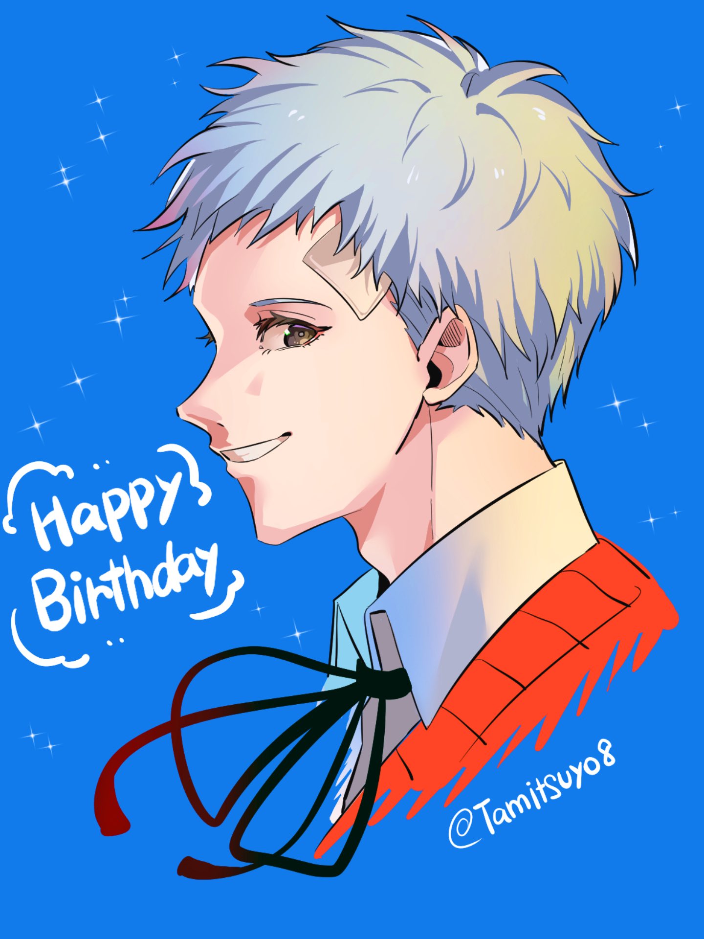 sanada akihiko, persona, persona 3, commentary request, highres, 1boy, bandaid, bandaid on face, bandaid on forehead, birthday, black ribbon, blue background, collared shirt, cropped torso, from side, gekkoukan high school uniform, grey hair, happy birthday, looking at viewer, male focus, neck ribbon, parted lips, portrait, profile, red sweater vest, ribbon, school uniform, shirt, short hair, simple background, smile, solo, sparkle, sweater vest, tamitsuyo8, twitter username, upper body, white shirt