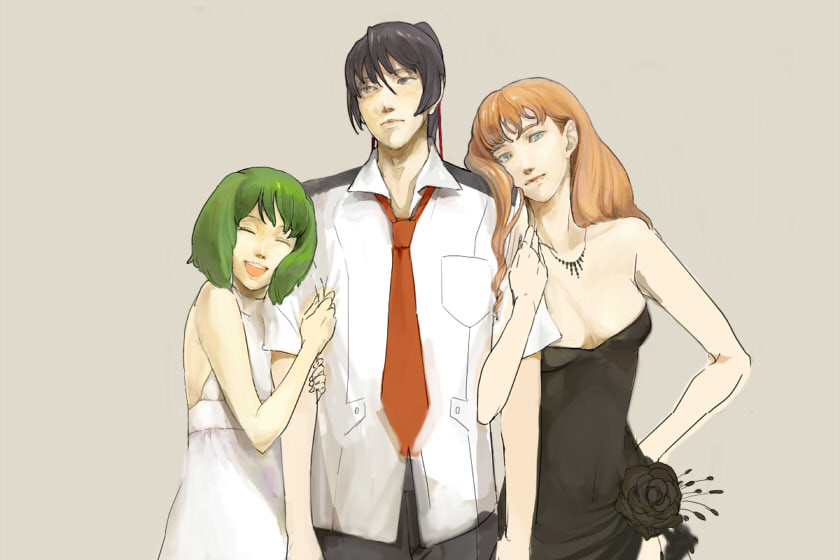 ally, ally (thorn), ranka lee, saotome alto, sheryl nome, macross, macross frontier, 00s, 1boy, 2girls, blonde hair, blue eyes, blue hair, dress, flower, green hair, long hair, multiple girls, necktie, short hair, smile, twintails